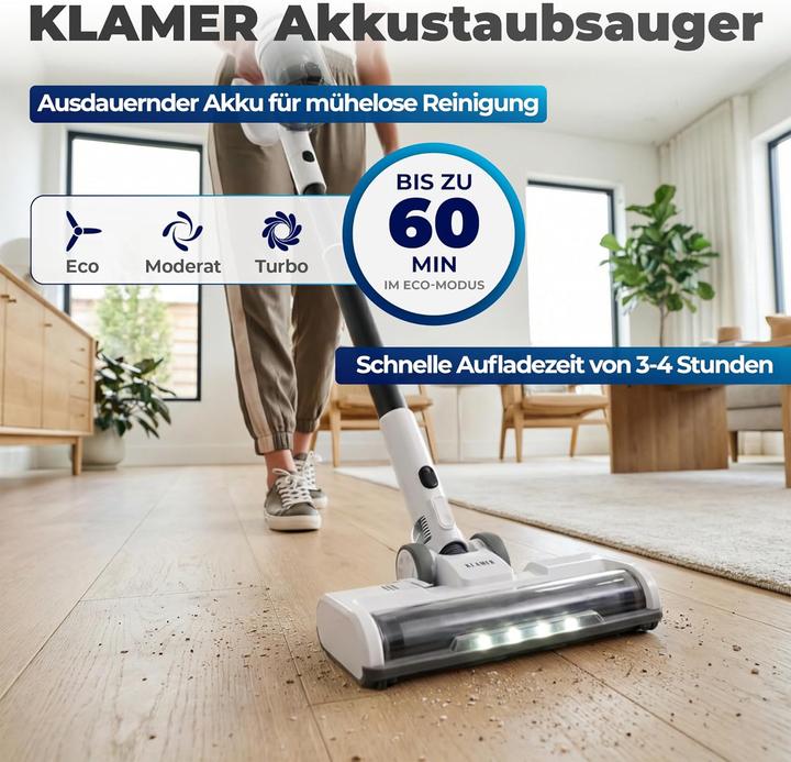Produktbild KLAMER Akku Staubsauger, 2-in-1 Staubsauger kabellos & Handstaubsauger, Akkulaufzeit bis 60 min…