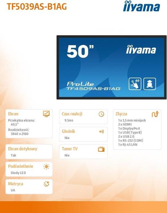Produktbild iiyama 125.7cm (49,5") TF5039AS-B1AG 16:9 M-Touch 2xHDMI+DP (3840 x 2160 Pixel, 49.50")