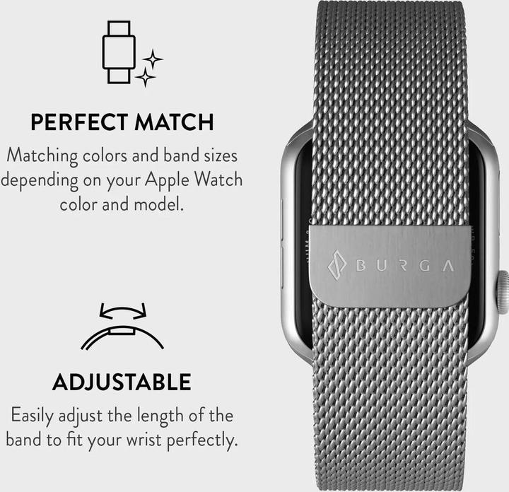 Burga Apple Watch Band Metal Mesh Silver 42mm / 44mm / 45mm (42 mm, 44 mm, 45 mm, Metal mesh, RVS)