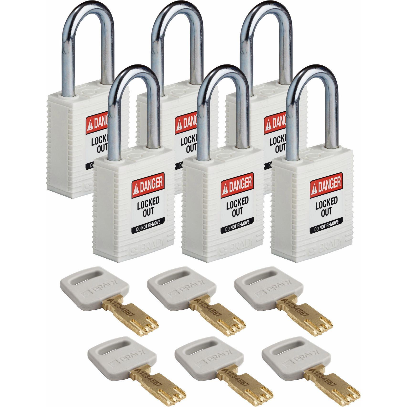 Brady, Vorhängeschloss, Safekey Nylon-Sicherheitsschloss mit Stahlbügel, Weiss, 38 mm Bügelhöhe, 6.4 mm Bügeldurchmes