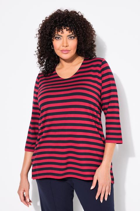 Produktbild Ulla Popken Ringelshirt, vorne doppellagig, V-Ausschnitt, 3/4-Arm (56)