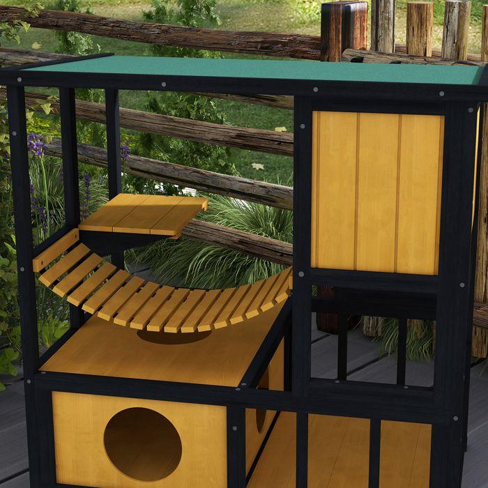 Produktbild Swisshandel24 Katzenhaus Holz, mit Hängebrücke, für 1-2 Katzen bis 5kg, Gelb (Katze)
