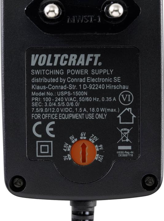 Image du produit Voltcraft USPS-1500N Bloc d'alimentation, réglable 3 V/DC, 4.5 V/DC, 5 V/DC, 6 V/DC