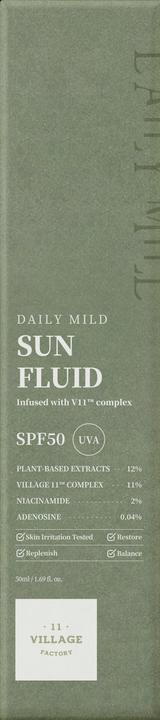 Nutritional values and ingredients Village 11 Factory Daily mild sun fluid (Suntan cream, SPF 50+)