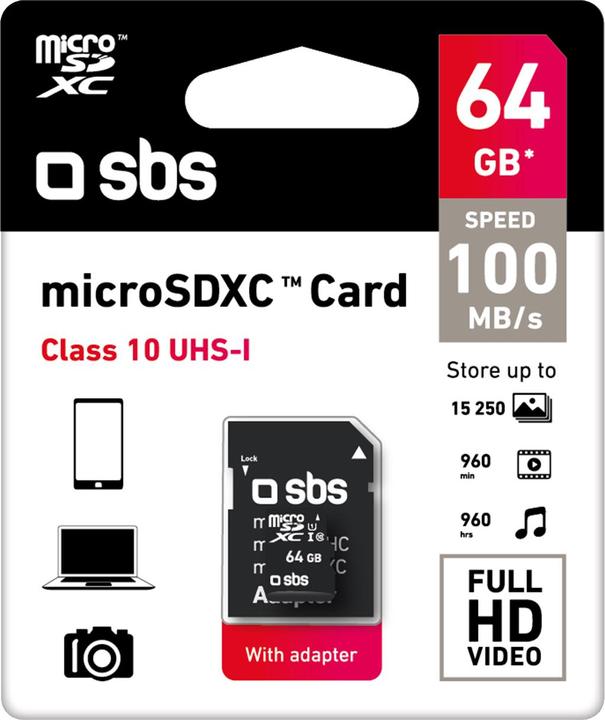 Image du produit SBS MICRO SDXC 64 GB classe 10 avec adaptateur (64 Go, microSDXC, U3)