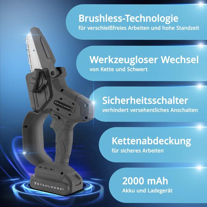 Produktbild Stahlwerk Mini Akku Kettensäge MAK-20 ST Brushless Handkettensäge 4,8 m/s mit 2000mAh Akku-Motorsäge (Akku Kettensäge)