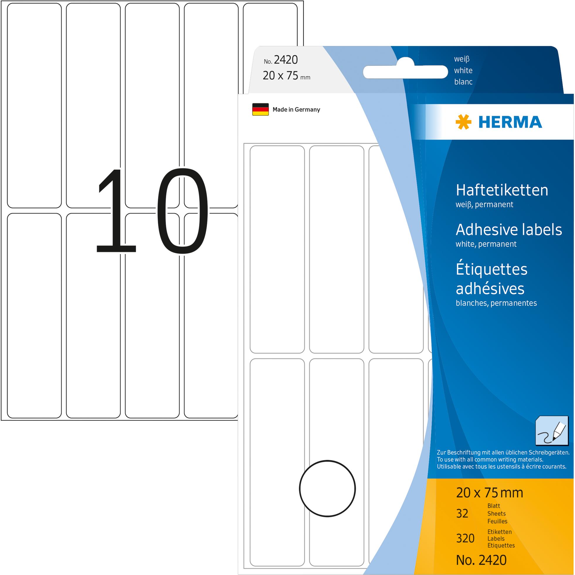 Herma, Etiketten, Haftetiketten, Gummierung stark haftend weiss