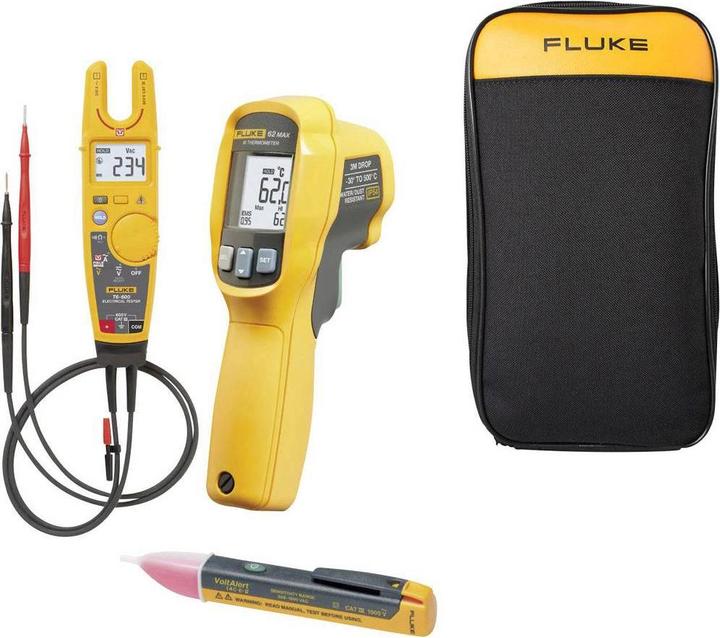 Fluke 62MAX+ infrared thermometer, Fluke 1AC voltage tester, Fluke T6-600 Digital Multimeter, Fluke C60 Carrying case