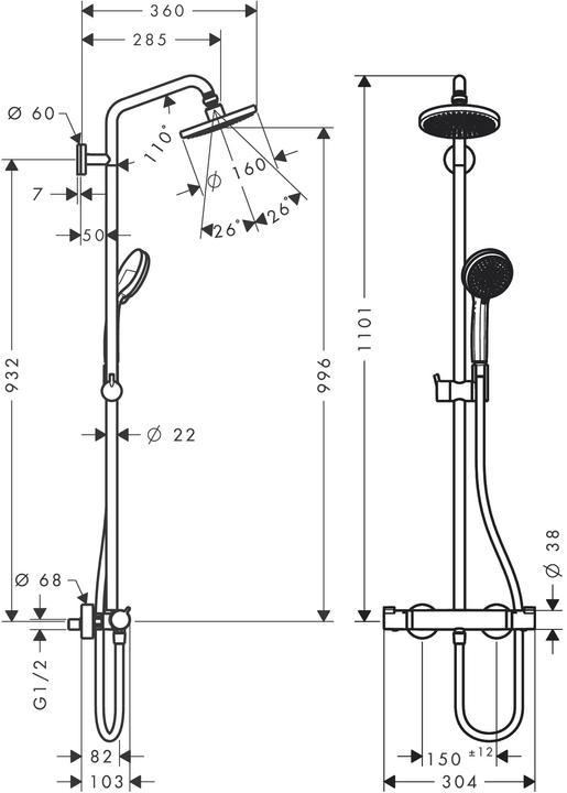 Produktbild hansgrohe Croma Duschsystem 160 1 Strahlart mit Thermostat