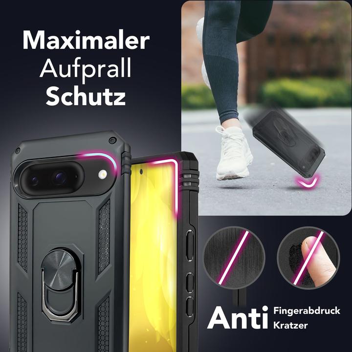 Produktbild Nalia RingDefend - Schwarze Panzerhülle mit 360-Grad Finger-Halter & Ständer - Military Style Cover (Google Pixel 9)