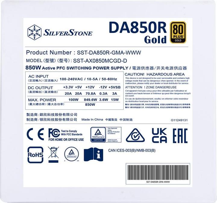 Etichetta energetica Silverstone SST-DA850R-GMA-WWW - Alimentatore 80 PLUS Gold 850W ATX 3.0 e PCIe 5.0 completamente modulare (850 W)
