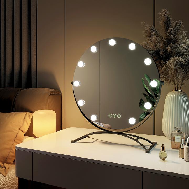 Actual product image Emke Round Hollywood Cosmetic Mirror with 11 Lamps, 1X+7X Magnification, 3 Colour Temperatures, 50*58cm