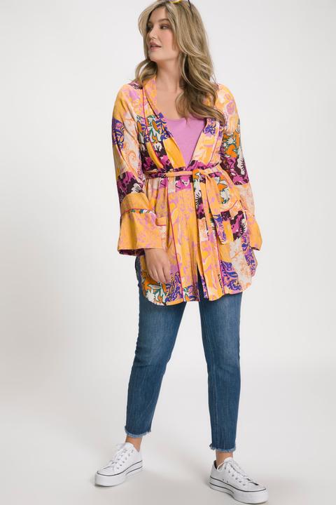 Actual product image Ulla Popken Patchwork Print Open Front Belted Crepe Kimono (54)