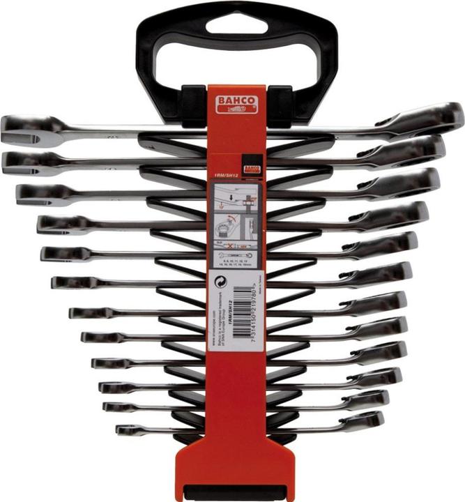 Produktbild Bahco Satz metrische Knarren-Ring-Maulschlüssel - 12-teilig/Kunststoffhalter (10 mm, 11 mm, 12 mm, 13 mm, 14 mm, 15 mm, 16 mm, 17 mm, 18 mm, 19 mm, 8 mm, 9 mm)