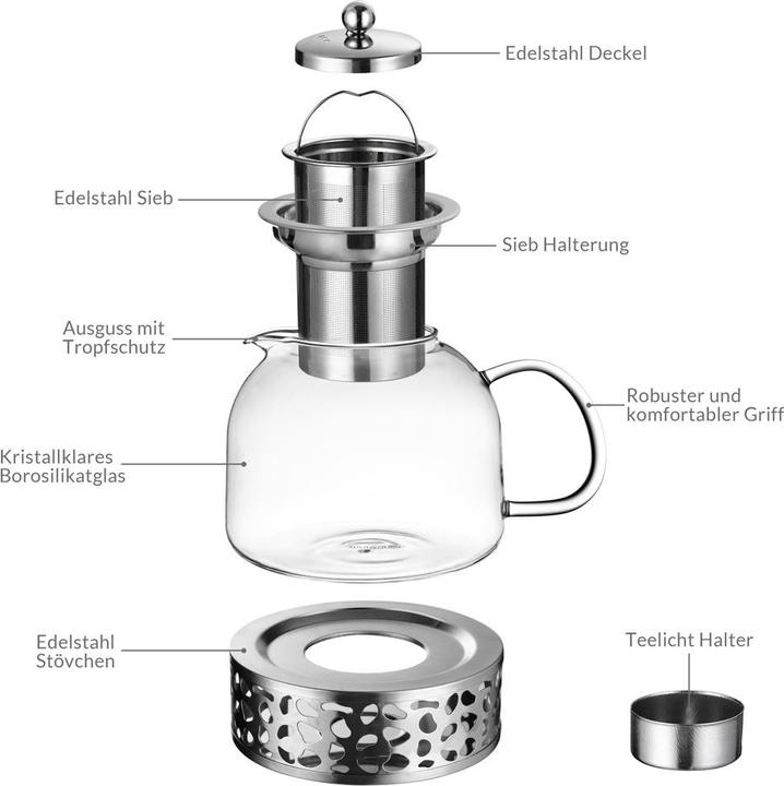 Immagine prodotto Monzana Set di bicchieri per teiera in vetro per scaldare il tè 1,5L (1.50 l)