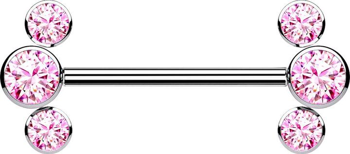 Actual product image Star Piercing Threadless Barbell silber front drei Kristalle pink (without brass, Titanium)