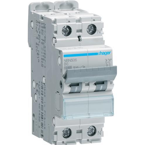 Hager, Schutzschalter, HAG NBN506 Leitungsschutzschalter 1P+N 10kA B-Charakteristik 6A 2 Module