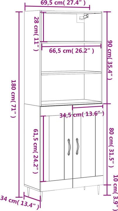 Produktbild vidaXL Highboard (69.50 x 34 x 180 cm)