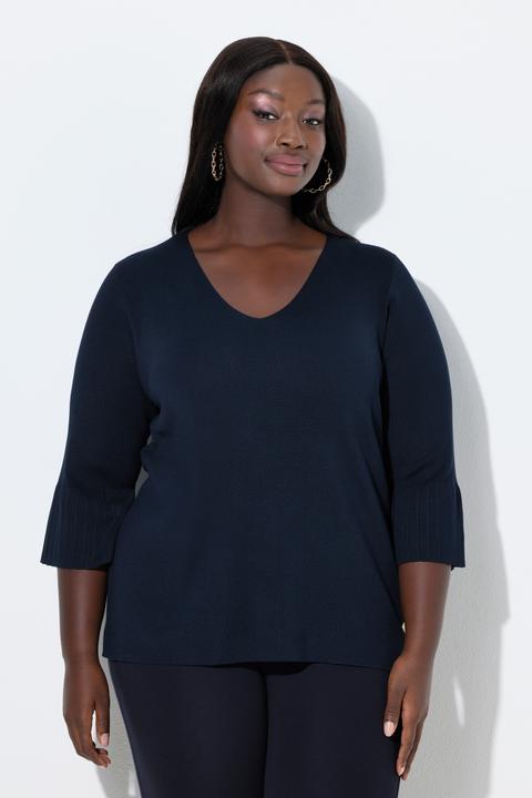 Produktbild Ulla Popken Pullover, Feinrippstrick, V-Ausschnitt, 3/4-Volantärmel (46, 48)