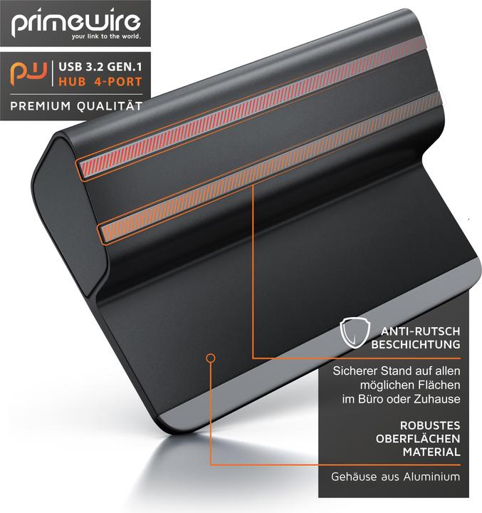 Produktbild Primewire 4 Port USB 3.2 Gen.1 Hub Aktiv, Verteiler mit Netzteil, USB 3.0 Datenhub Super Speed bis zu 5 Gbit/s (USB-A, 4 Ports)