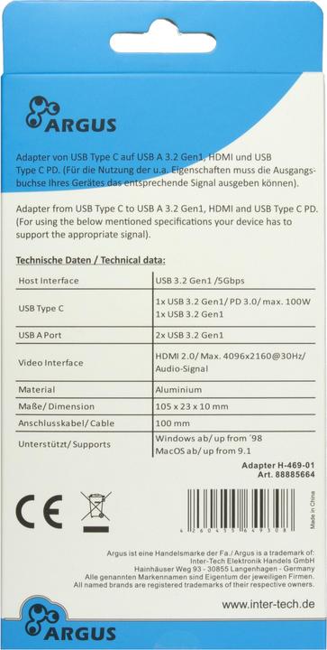 Produktbild Intertech Inter-Tech Adapter Argus H-469-01 5in1 USB-C,HDMI 4K,PD100W (USB)