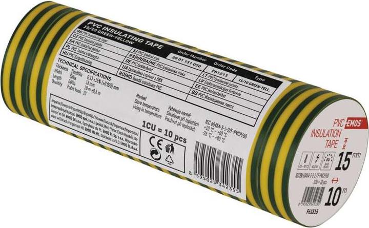 Image du produit Emos Ruban isolant PVC 15mm/10m Vert/Jaune, 10 pcs. (15 mm)
