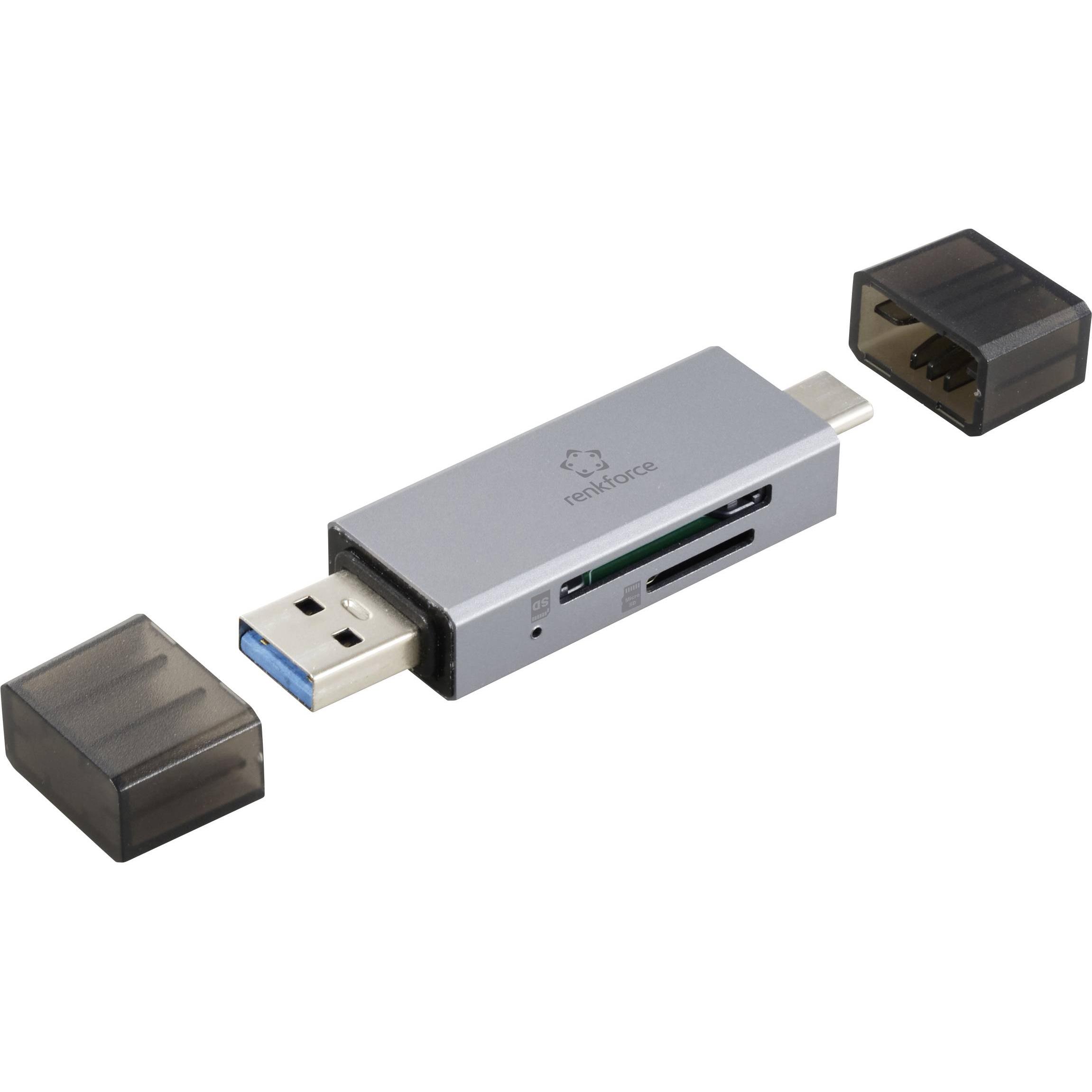 Renkforce RF-PCR-400 Lettore di schede di memoria esterne USB-A, USB-C microSD, SD Spa (USB-C), Lettore di schede di memoria, Grigio