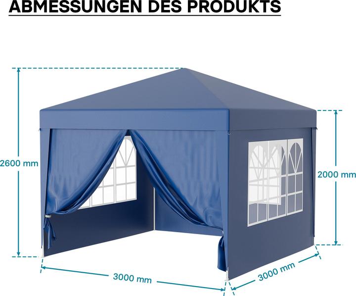 Actual product image Wiltec Pavillon 3x3m in Blau mit UV-Schutz 50+ Gartenpavillon Partyzelt Camping (300 cm, 300 cm)