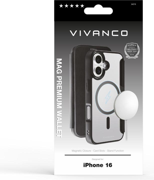Image du produit Vivanco MAG PREMIUM Wallet pour iPhone 16, noir, 2.0m Drop-Protection, MagSafe Suport (Apple iPhone 16)