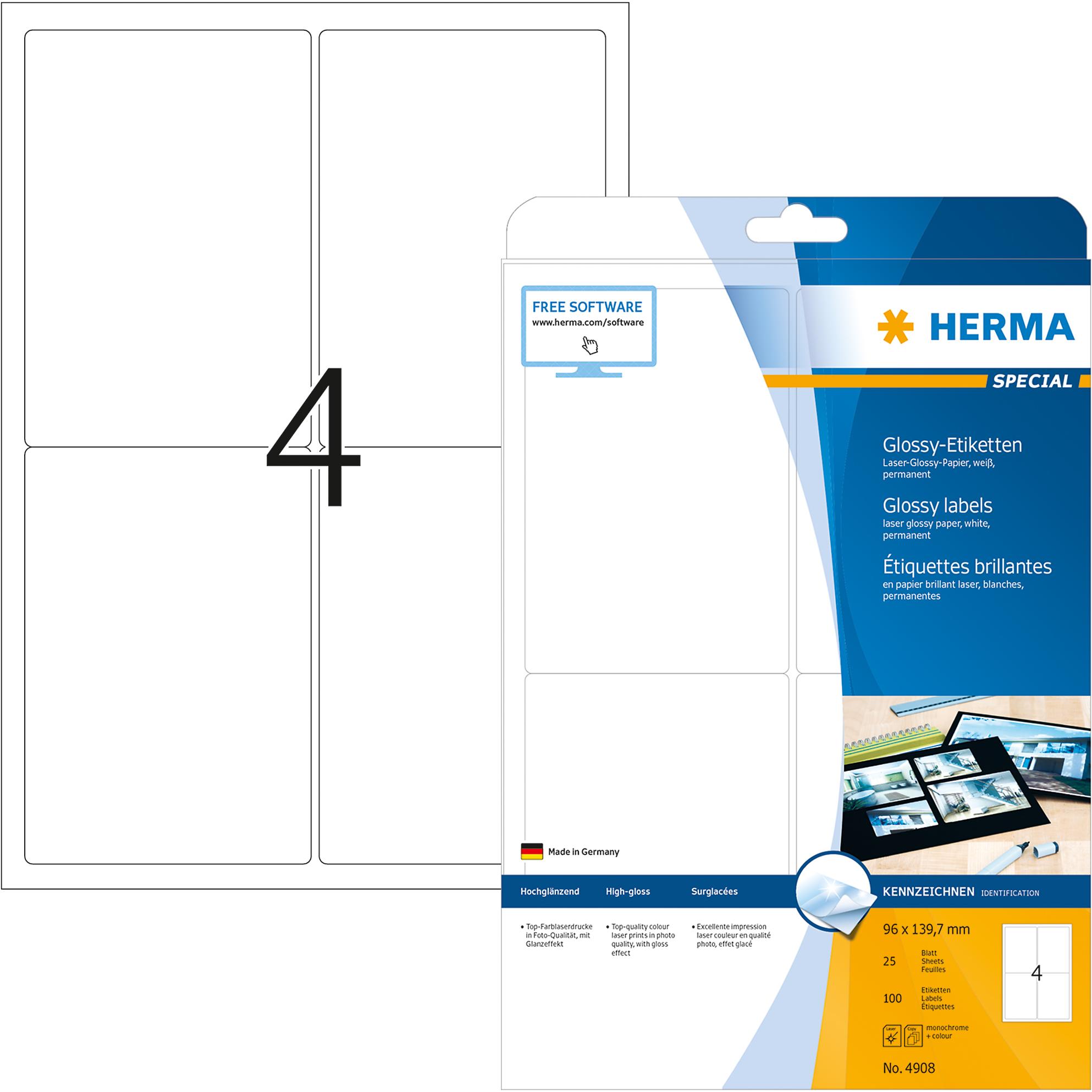 Herma, Etiketten, Laser glo. Etik. 96X139,7 25 Blatt DIN A4 100 Stück