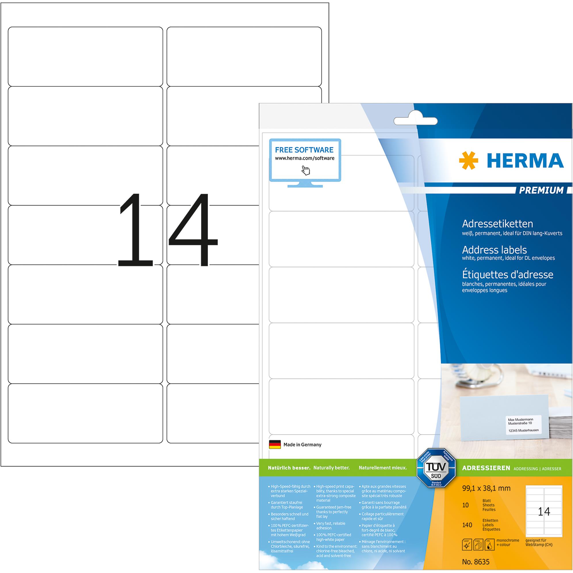Thumbnail - Herma, Etiketten, Etiketten 99,1x38,1 10 Blatt DIN A4 140 Stück