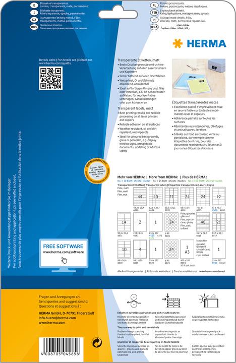Image du produit HERMA Étiquettes transparentes A4