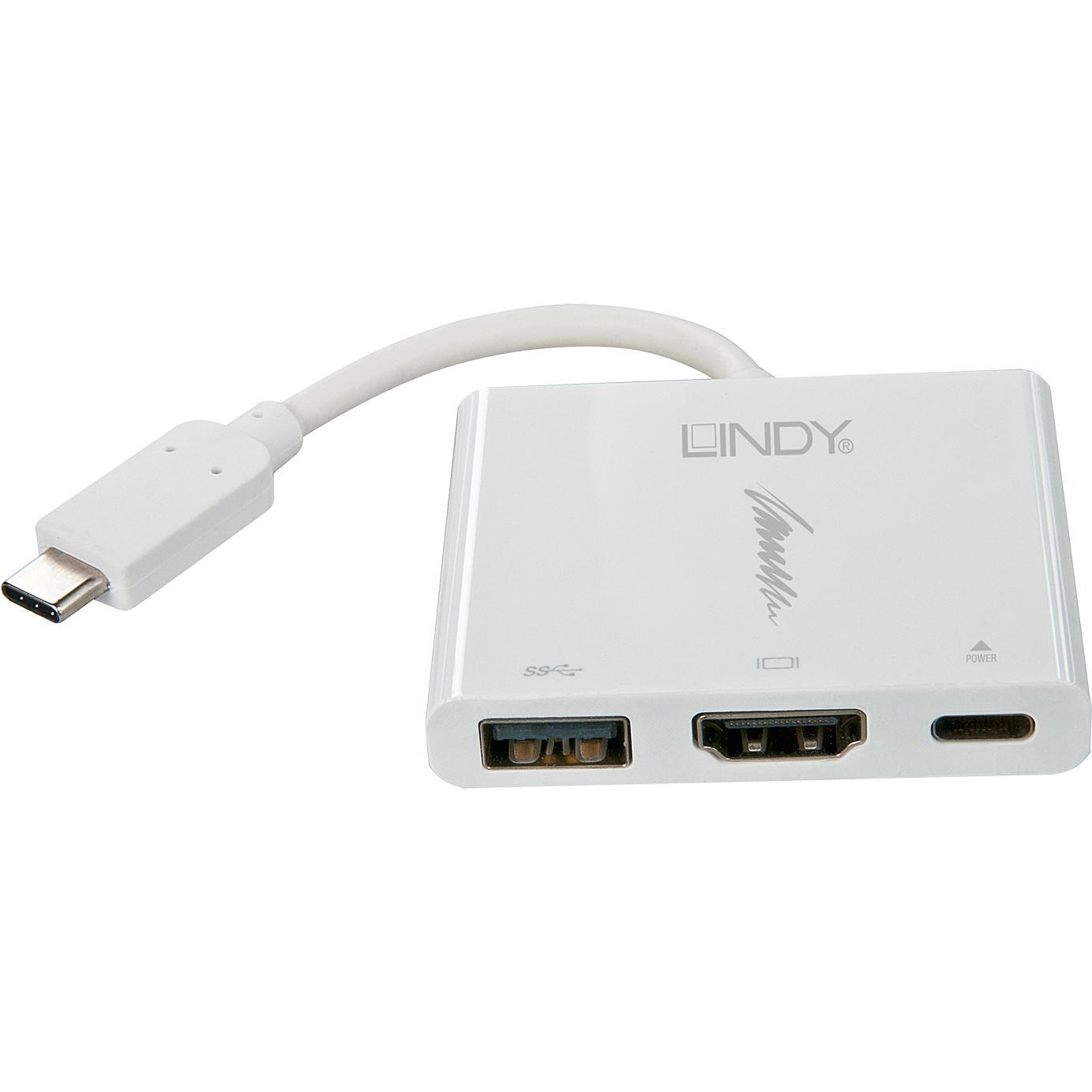 Lindy USB 3.1 Typ C HDMI USB Typ A PD- (HDMI, USB-A, 15 cm), Data + Video Adapter, Weiss