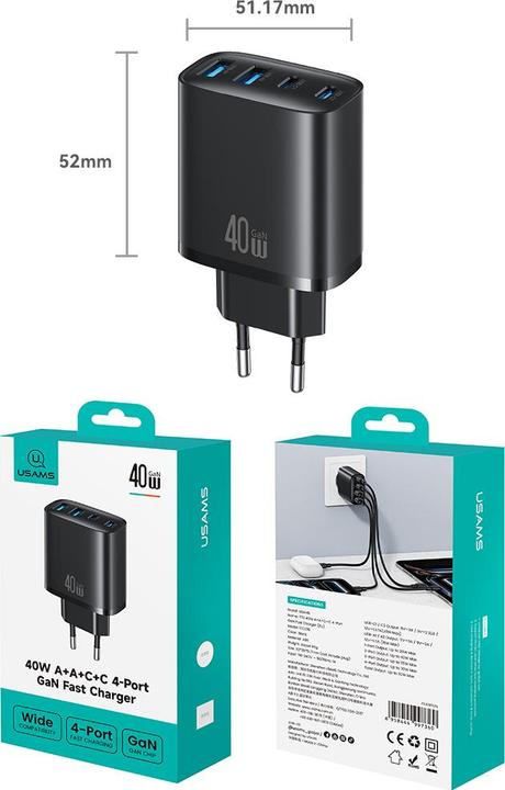 Actual product image Usams Wall charger T70 40W 2xUSB-A/2xUSB-C black (40 W, 4 ports)