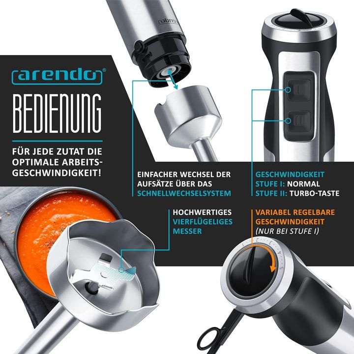 Image du produit Arendo Mixeur plongeant 1000 watts, A : Argent Acier inoxydable