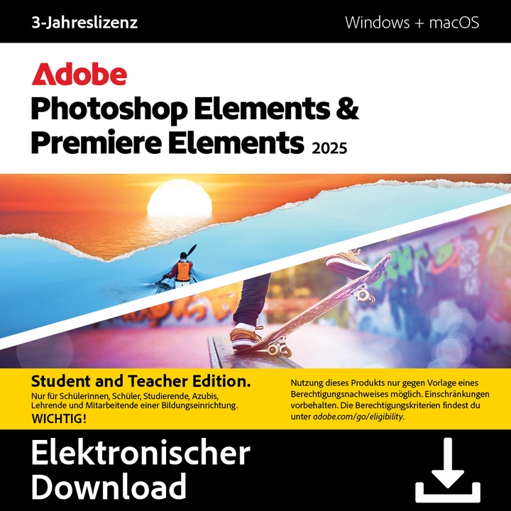 Produktbild Adobe Photoshop & Premiere Elements 2025 (Student & Teacher) (1 User, 1 Geräte/User, 36 Monate)