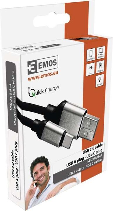 Actual product image Emos USB cable 2.0 A plug - C plug 1m, black (1 m, USB 2.0, 18 W)