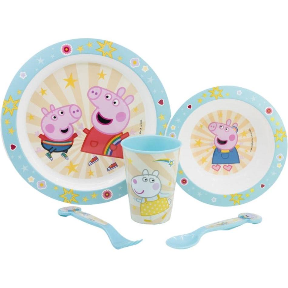 Tinisu, Kindergeschirr + Kinderbesteck, Peppa Pig Plastik Geschirr Set 5-Teile Kunststoffset für Kinder Peppa Wutz