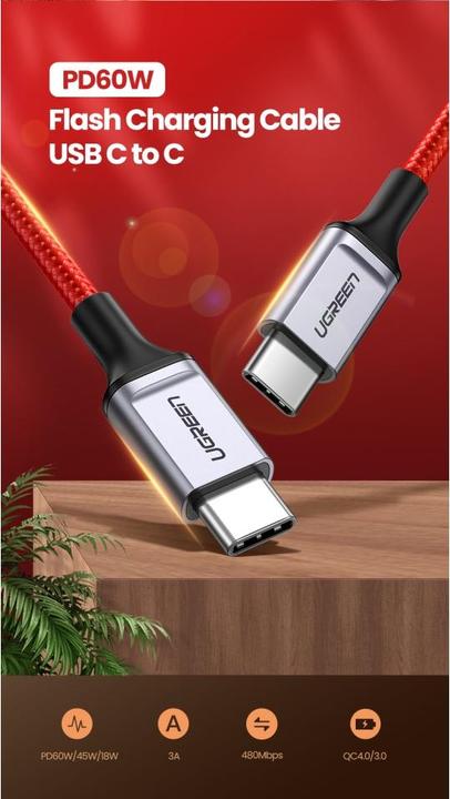 Actual product image Ugreen USB-C to USB-C cable 2.0 1m (red) (1 m, USB 2.0)