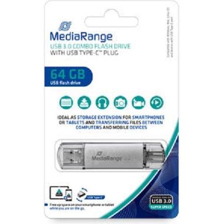 Thumbnail - MediaRange MR936 (64 GB, USB-C, USB-A, USB 3.0), USB Stick, Silber