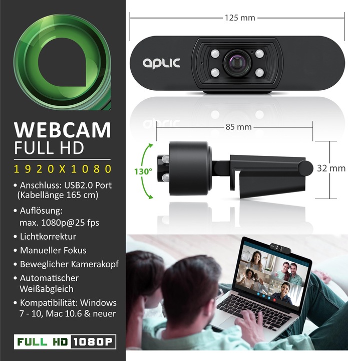 Produktbild Aplic Full HD Webcam mit Mikrofon, 1920x1080P @ 25 Hz, 4 Hilfslichter / Szenelicht, 5P Linse, für PC MAC