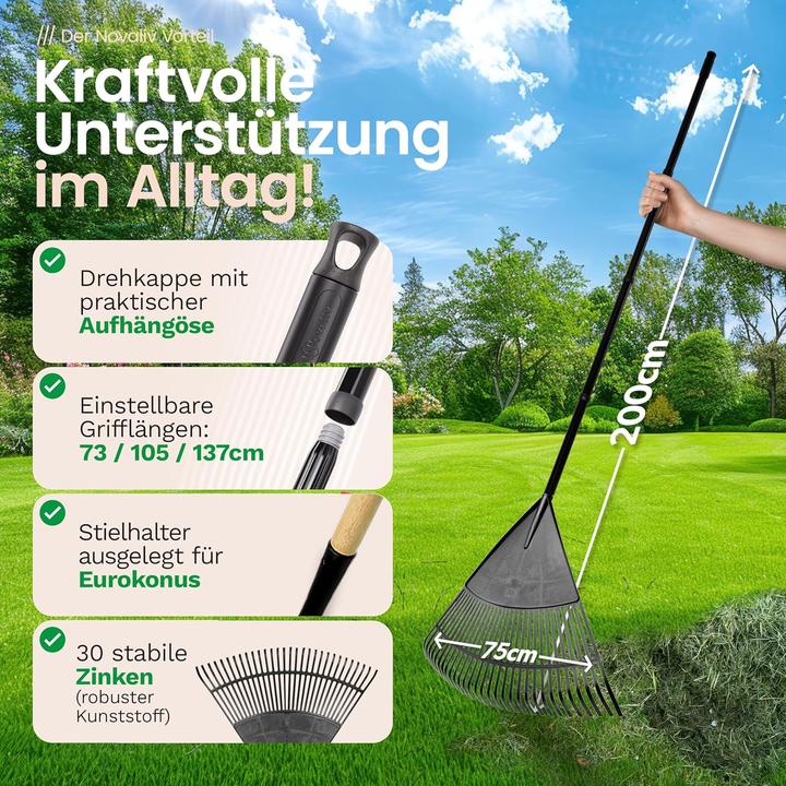 Actual product image Novatool 3x leaf broom with 4-piece plug-in & screw handle, leaf sweeper with 30 plastic tines, rake