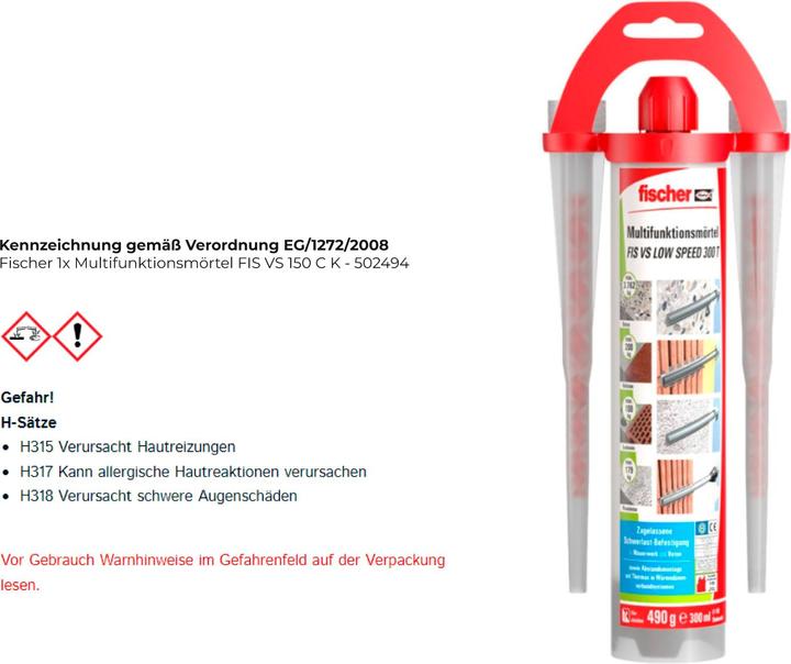 Productafbeelding Fischer 502493 Multifunctionele mortel 300 T K, inhoud: 1 patroon FIS VS (300 ml), 2 x statische menger