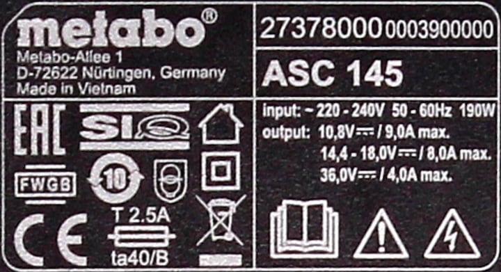 Actual product image Metabo Quick charger ASC 145 (36 V)