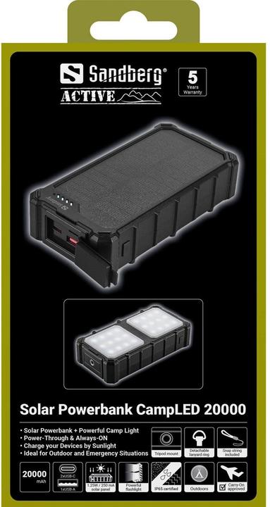 Produktbild Sandberg Solar Powerbank CampLED 20000 (20000 mAh, 22.50 W, 74 Wh)