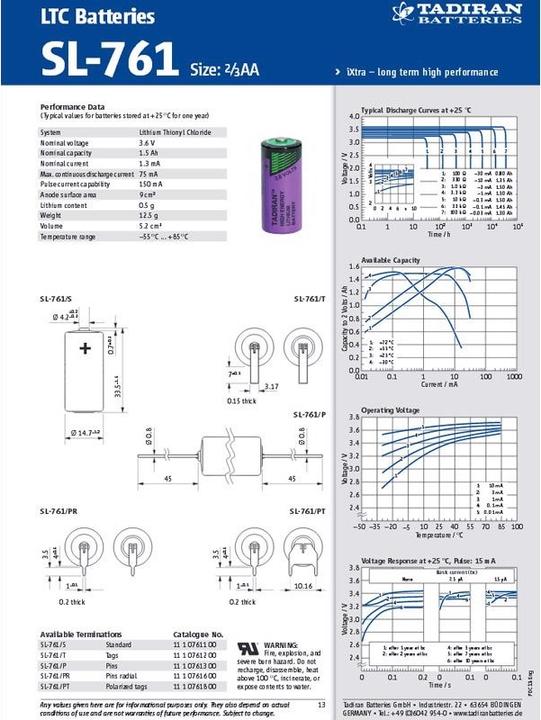 Actual product image Tadiran Battery Inorganic Lithium Battery SL-761/S Standard 2/3AA (1 pcs., 2/3 AA, 1350 mAh)