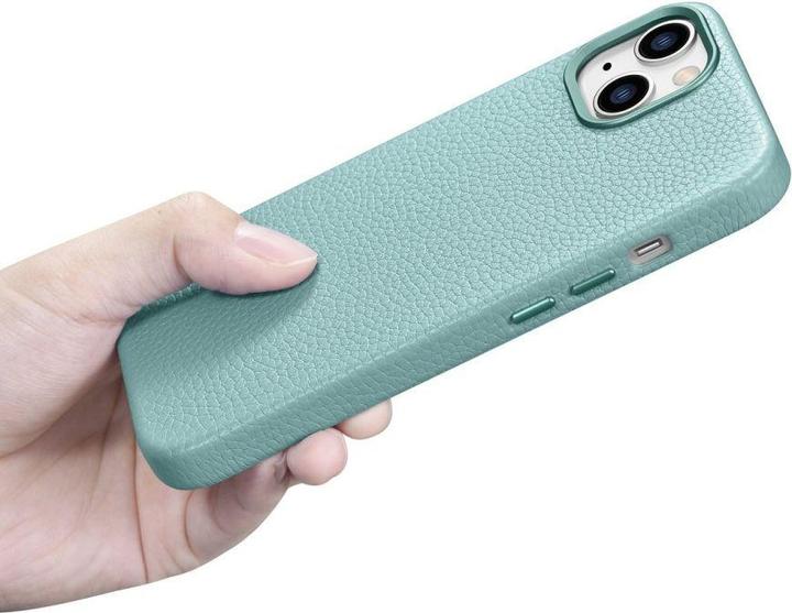 Actual product image iCarer litchi premium leather case iPhone 14 Plus Magnetic leather case with MagSafe Green (WMI14220 (Apple iPhone 14 Plus)
