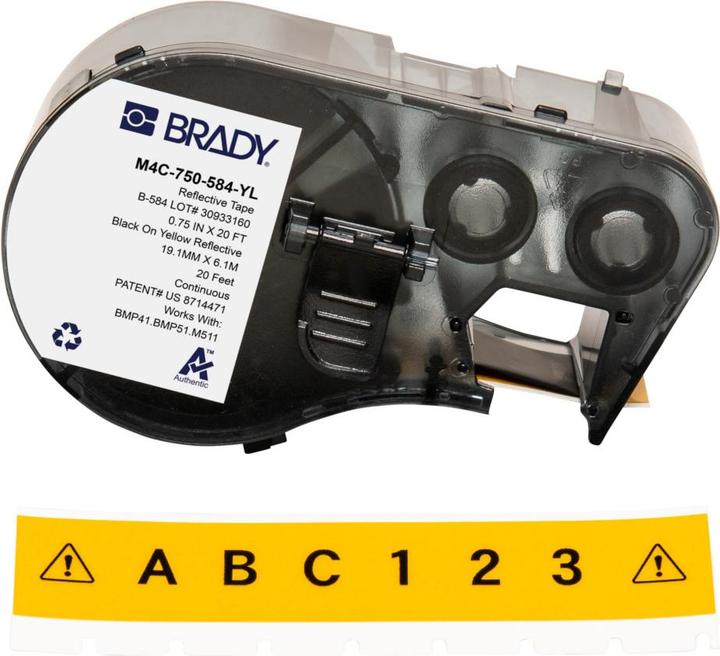 Actual product image Brady M4C-750-584-YL, reflective vinyl tape, black on yellow, 19.05 mm x 6.10 m, permanent, E