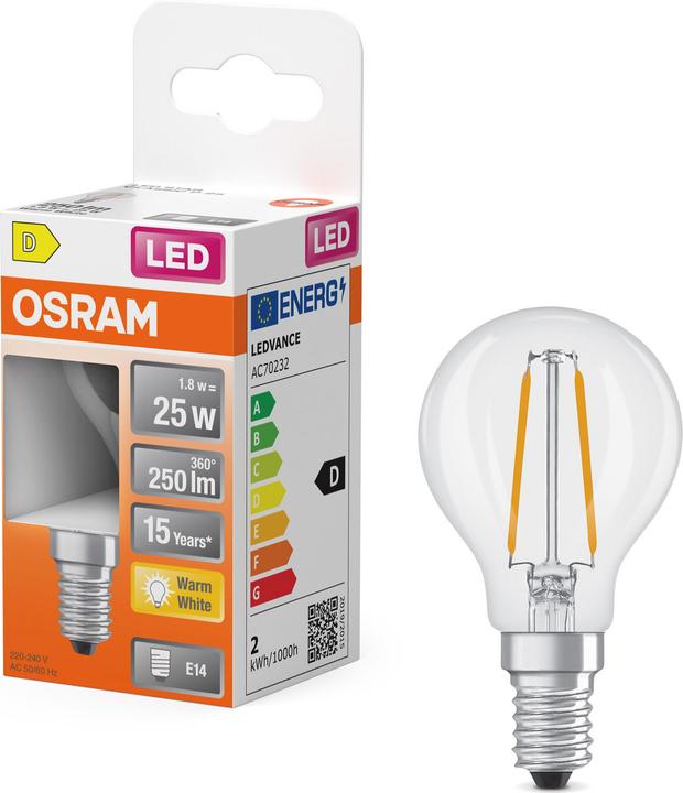 Image du produit Osram LED Leuchtmittel LED Retrofit CLASSIC P 1.8W 827 Clear E14 Warm weiss 4099854467585 (E14, 250 lm, 1x)