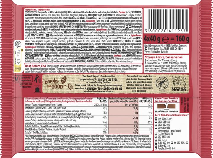 Valeurs nutritives et ingrédients Kitkat Chunky au Chocolat au Lait (160 g)